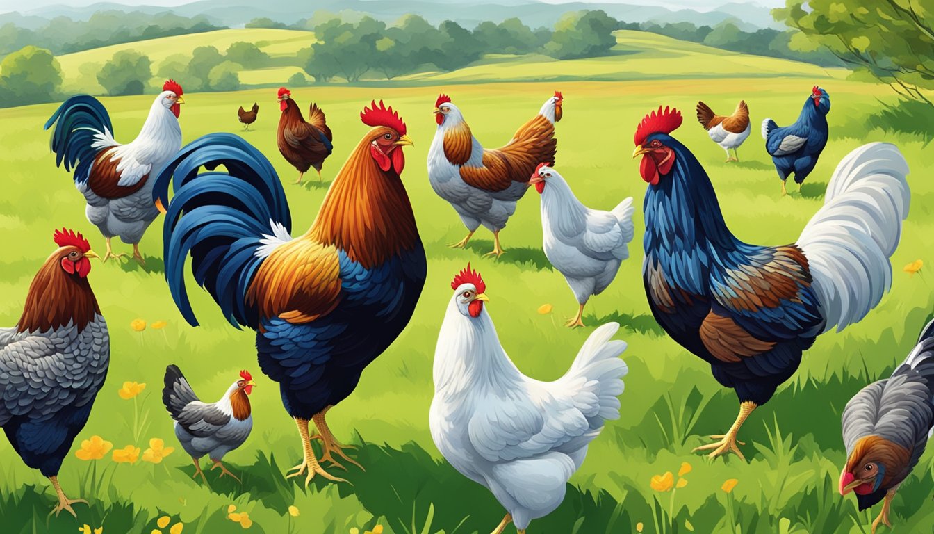 A diverse flock of heritage chicken breeds roam freely in a lush, green pasture, displaying vibrant plumage and pecking at the ground for insects