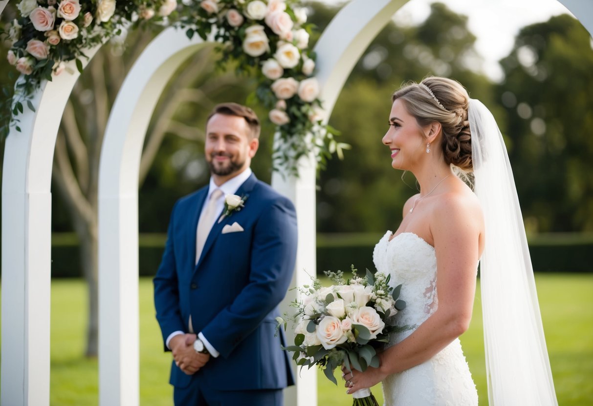A bride stands on the right side of a wedding arch, surrounded by flowers and with a clear view of the groom