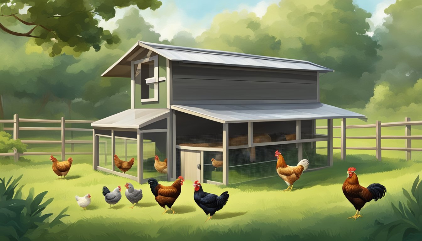 A small, efficient chicken coop surrounded by lush green pastures, with heritage chicken breeds freely roaming and pecking at the ground