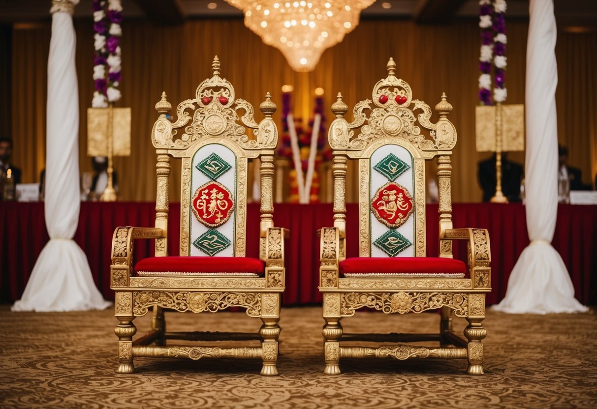 A traditional wedding scene with two ornate chairs, one on the left and one on the right, adorned with cultural symbols and decorations