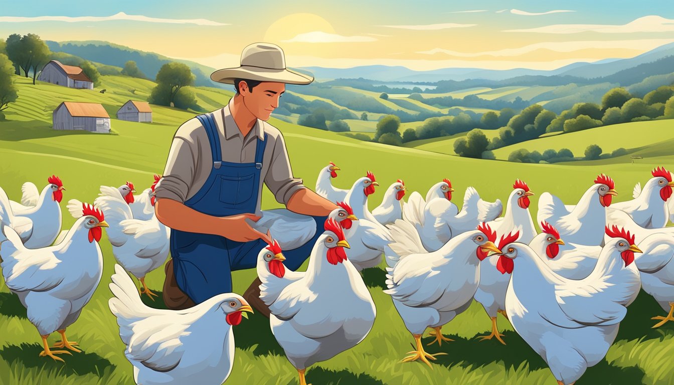 A farmer tending to a diverse flock of heritage chicken breeds in a lush, open pasture, with a backdrop of rolling hills and a clear blue sky