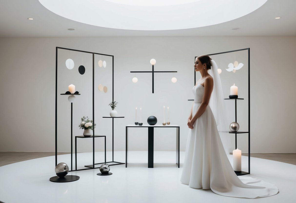 A modern bride stands on the right side of a minimalist, abstract wedding altar, surrounded by symbolic elements of personal choice and individuality
