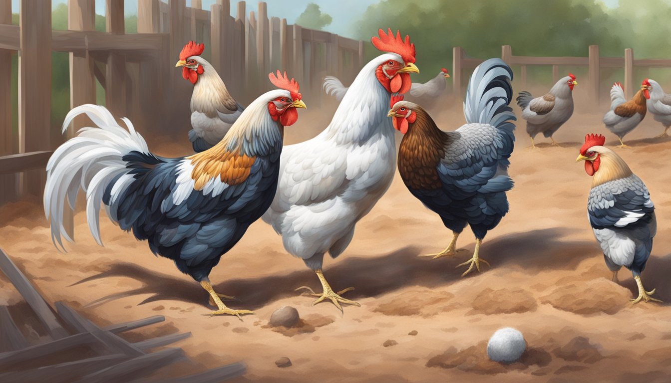 Chickens pecking at the ground, roosting on perches, and engaging in dust bathing and grooming behaviors