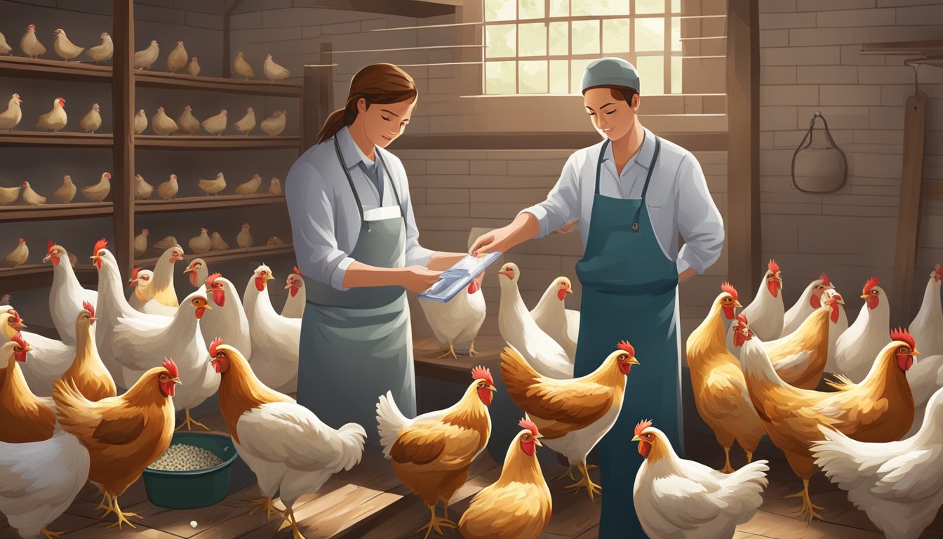 A flock of chickens receiving vaccinations in a clean, well-lit coop. A chart on the wall shows the schedule for treating common diseases