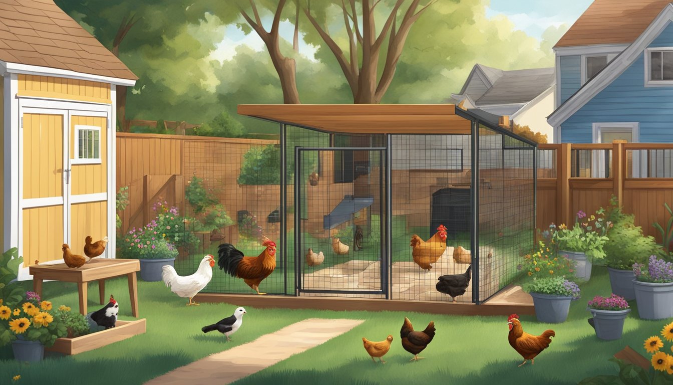 A backyard with a coop and various pets, including chickens, cats, and dogs, coexisting peacefully