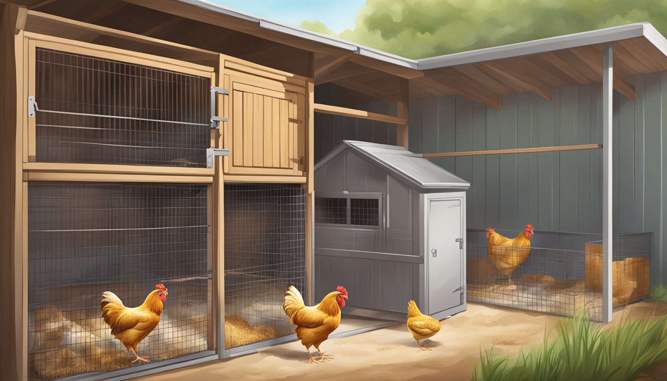 A clean chicken coop with fresh bedding, clean water and feed, and well-maintained sanitation supplies