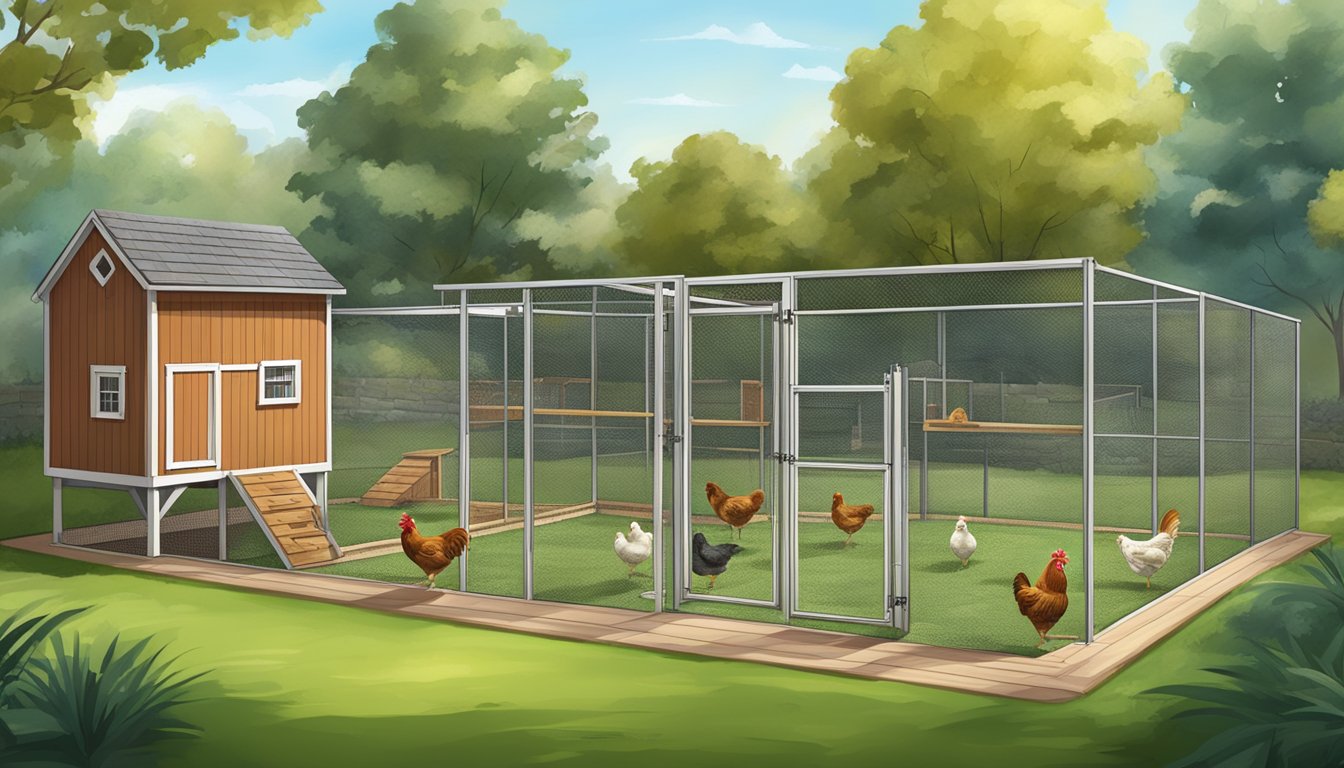 A backyard with a chicken coop and separate fenced areas for chickens and other pets, such as dogs or cats, with clear boundaries and plenty of space for each group to roam