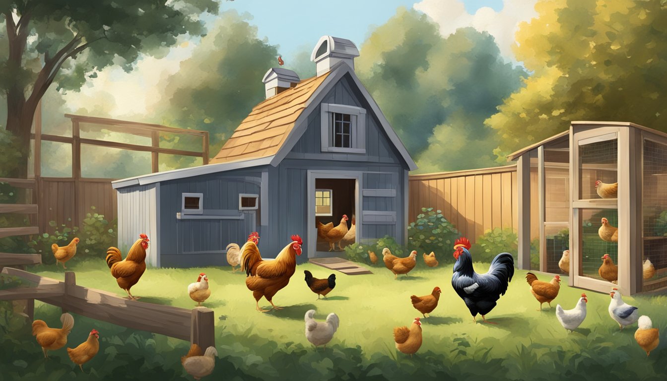 A backyard with chickens and other pets coexisting peacefully, showing interactions such as a cat watching the chickens from a distance and a dog sniffing curiously around the chicken coop