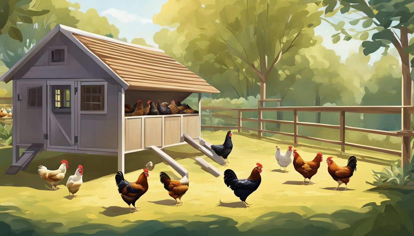 A group of chickens pecking at hanging vegetable feeders in a spacious and sunny chicken coop