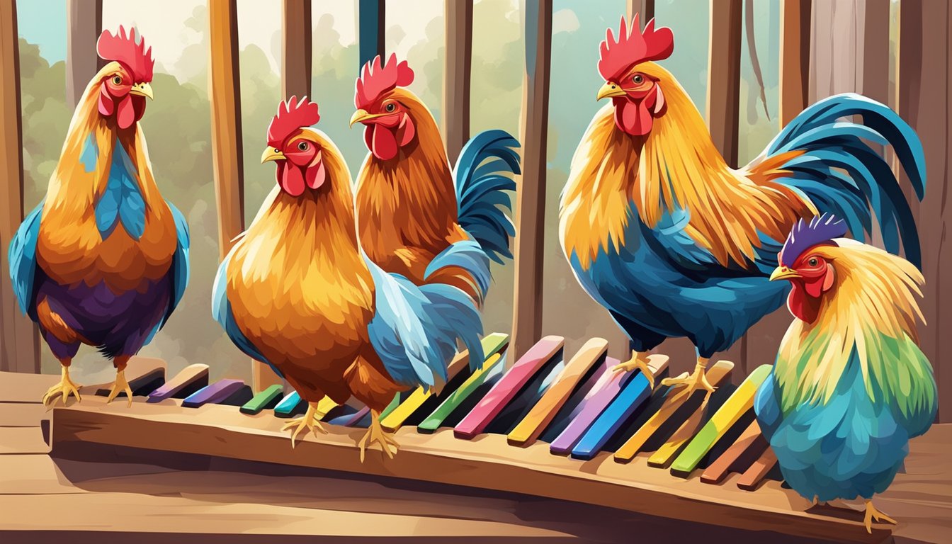 A group of chickens pecking at a colorful xylophone made of hanging wooden bars, with a backdrop of various enrichment activities