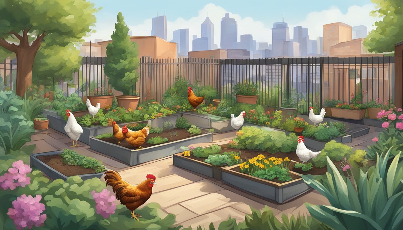 A backyard garden with a small coop nestled among potted plants and a city skyline in the background. Bantam chickens pecking at the ground