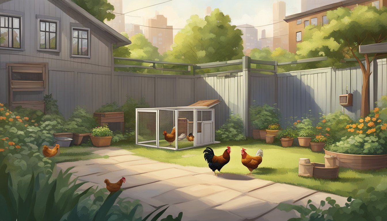 A backyard with a small coop, bantam chickens pecking at feed, surrounded by urban buildings and greenery