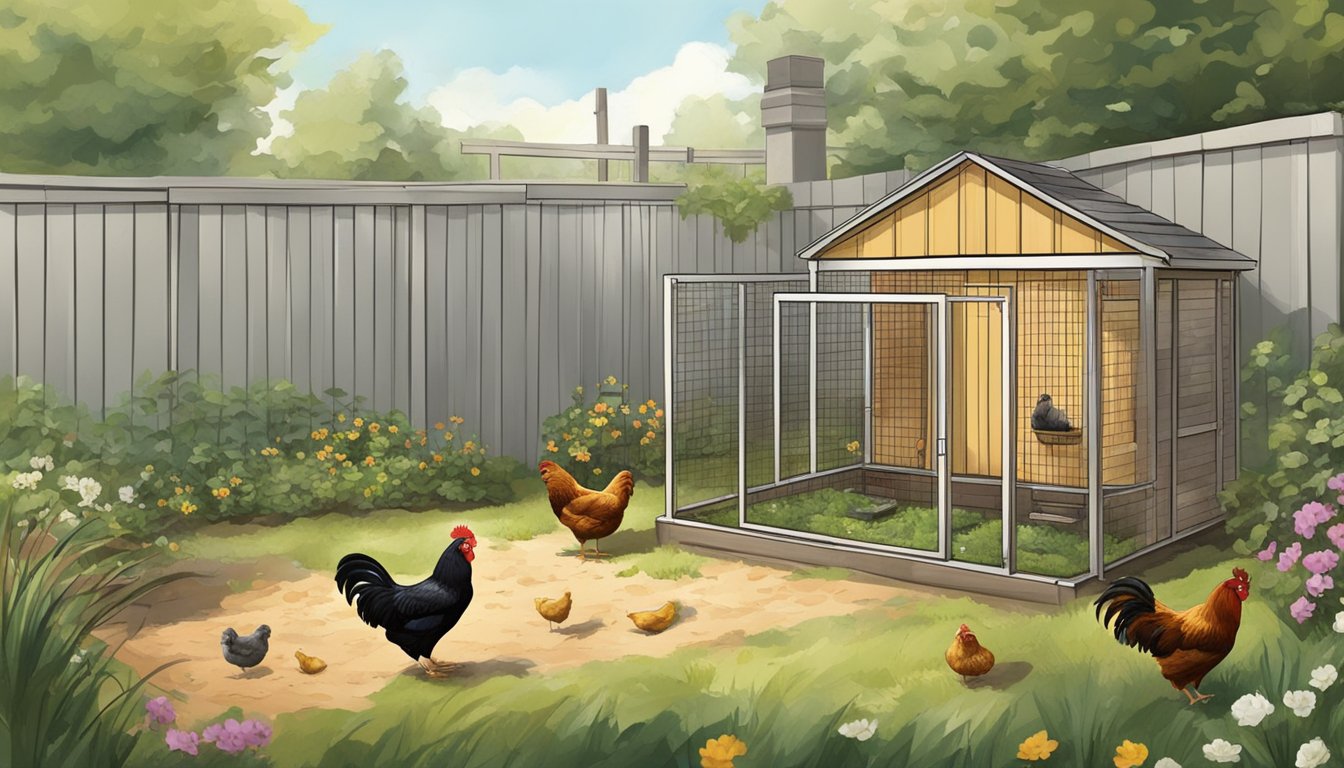 A small urban backyard with a coop, where bantam chickens roam freely, pecking at the ground and laying eggs