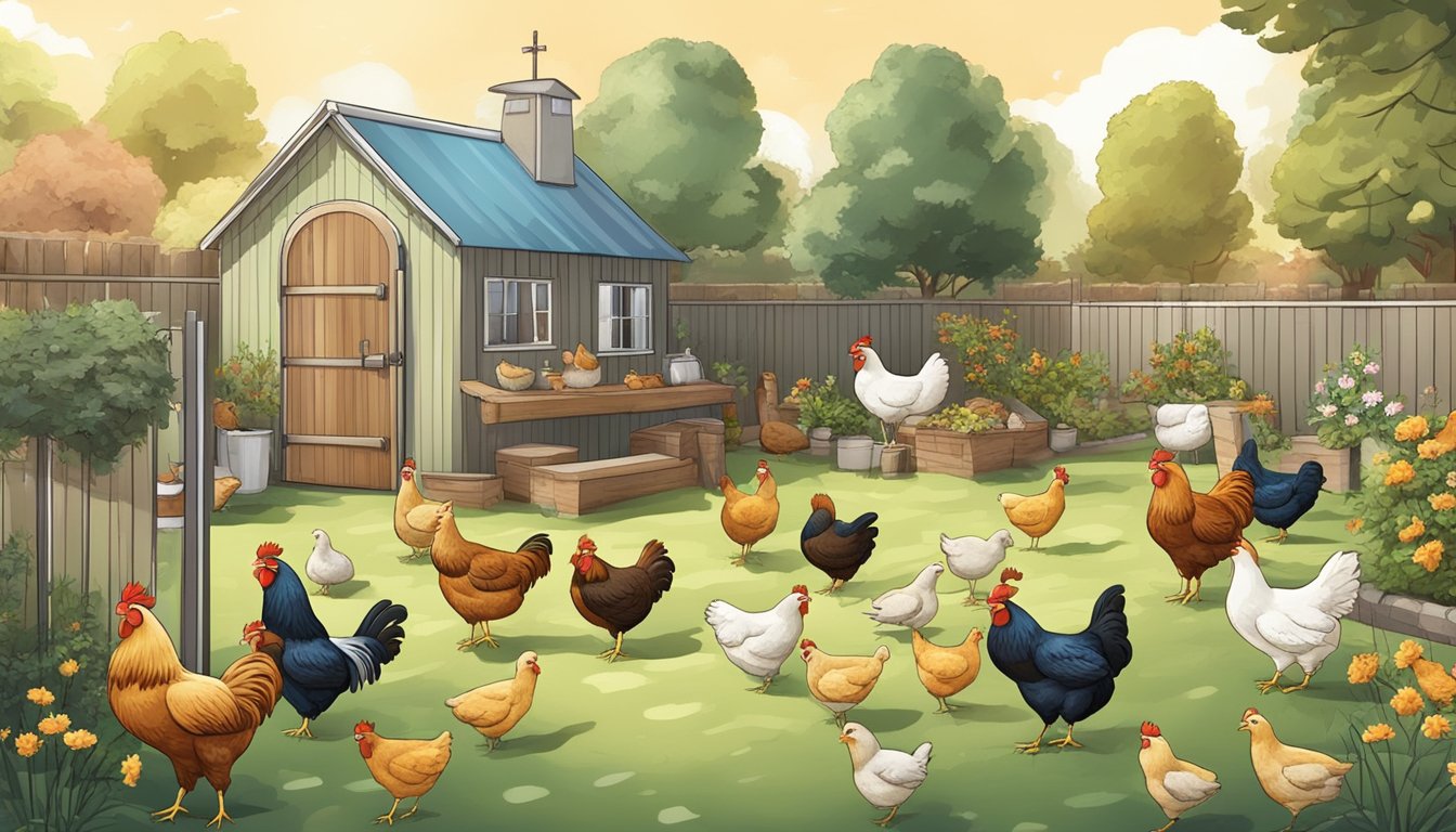 A backyard with chickens and other pets coexisting peacefully, with separate feeding and care areas for each animal