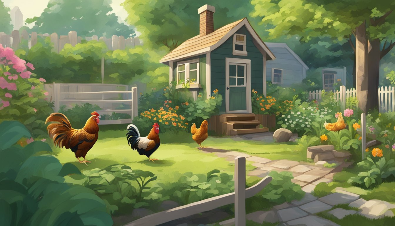 A backyard garden with bantam chickens pecking at bugs in a city setting, surrounded by lush greenery and a small coop