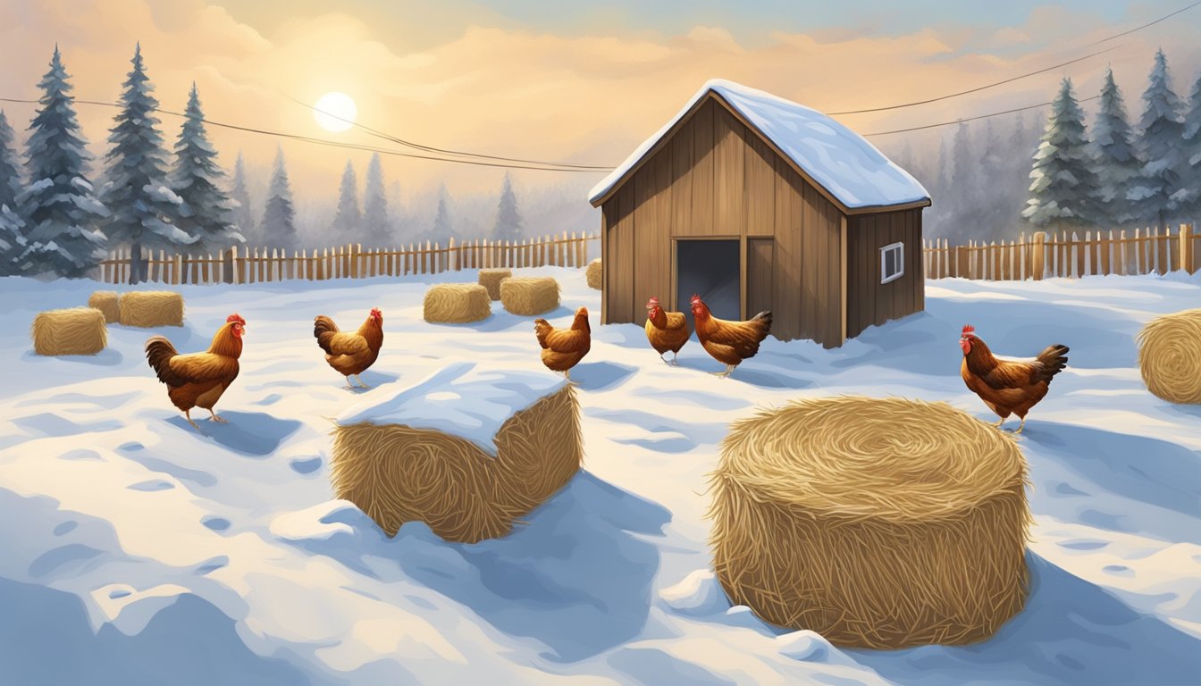 Straw bales surround the coop, insulating it from the cold. Chickens peck at the ground, while snow covers the surrounding landscape