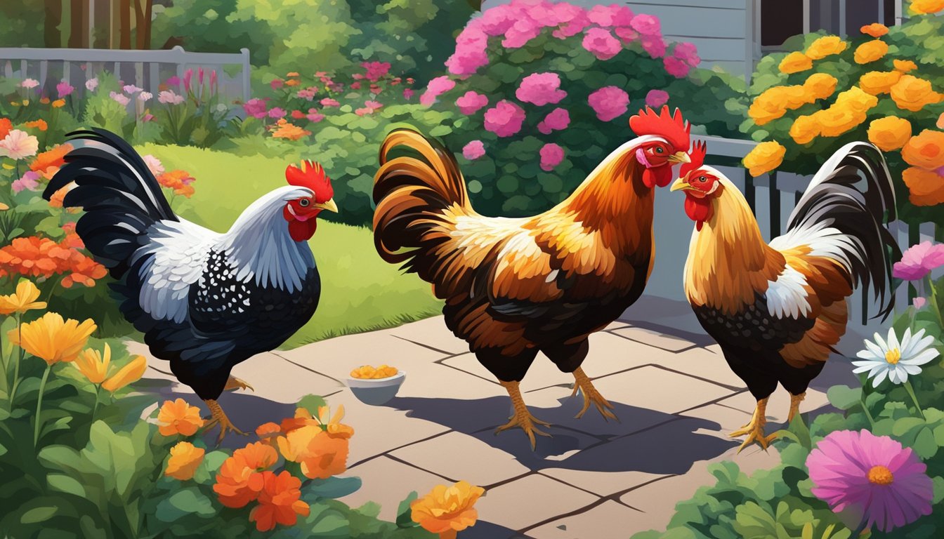 A colorful array of bantam chickens pecking and scratching in a urban backyard garden, surrounded by vibrant flowers and lush greenery