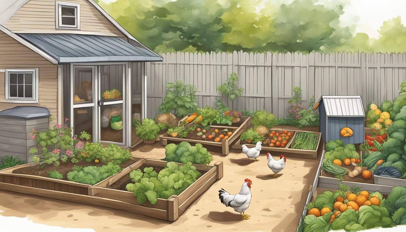 A small urban backyard with a coop and run, bantam chickens pecking at the ground, a compost bin, and a garden of vegetables