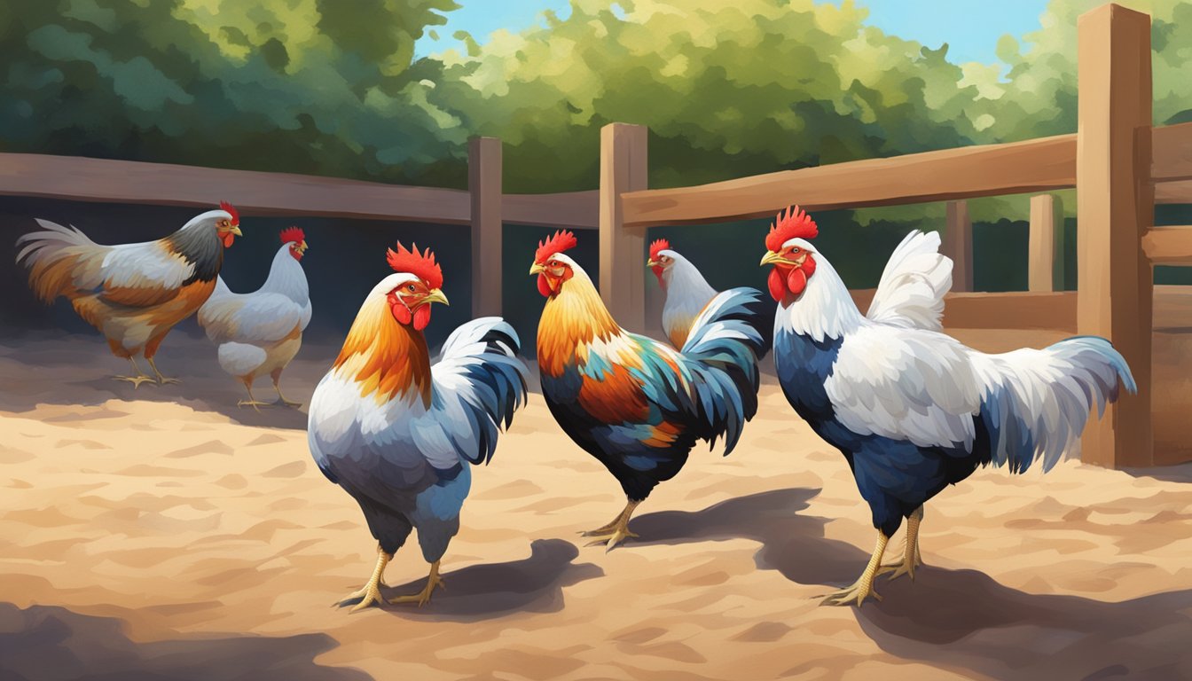 A flock of colorful, heat-tolerant chickens pecking and scratching in a sun-drenched, open-air coop with shade and plenty of water