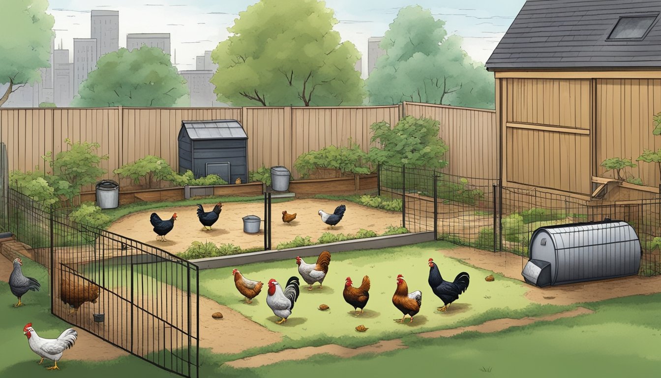 A small backyard with a coop and run, surrounded by urban buildings. Bantam chickens pecking at the ground, while a compost bin and rain barrel show sustainable practices