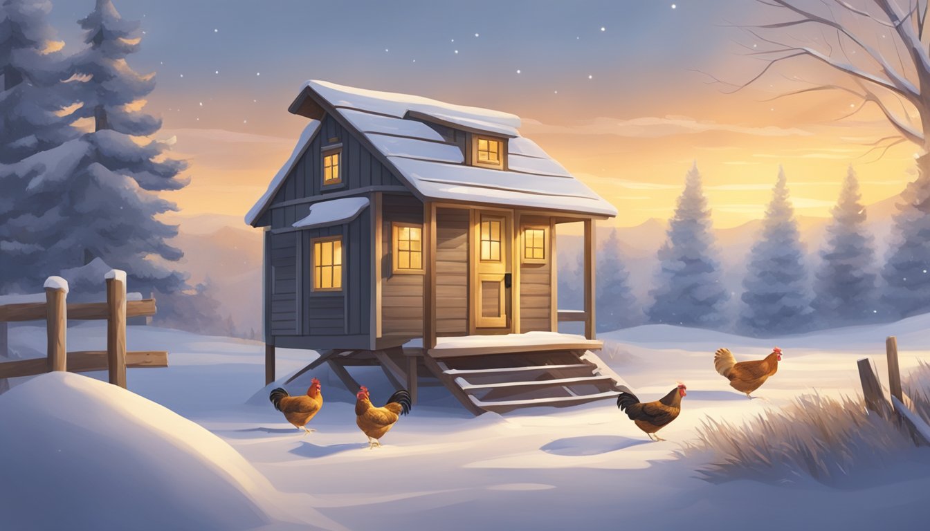 A cozy chicken coop in a snowy landscape, with a feeder filled with high-energy feed. The chickens are nestled in their warm, insulated home