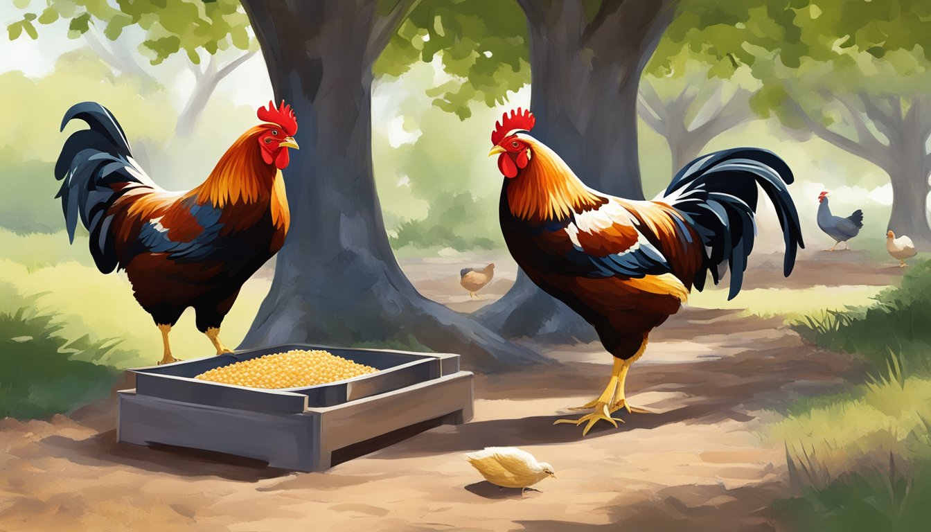 Chickens pecking at a feeder filled with high-energy, low-protein feed under the shade of a large tree in a hot climate