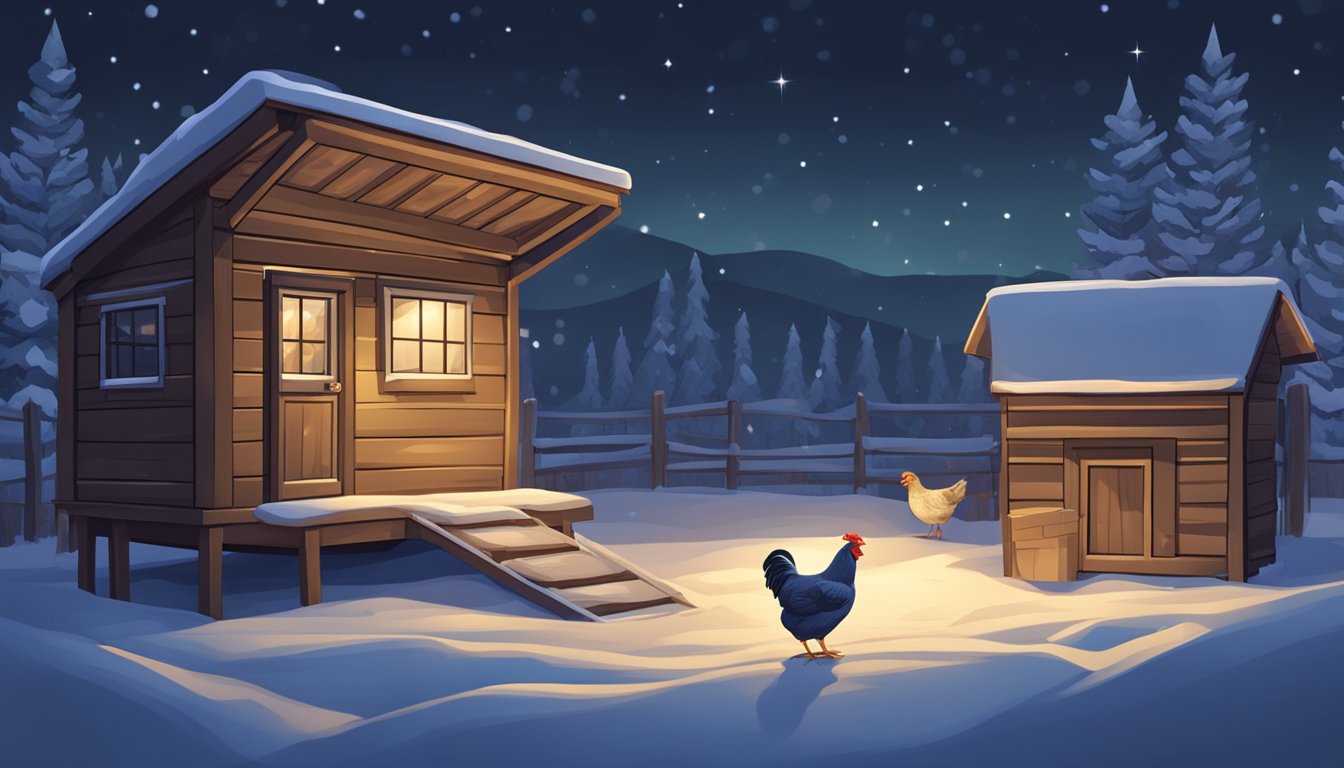 A cozy chicken coop with extra bedding and warm lighting on a cold winter night