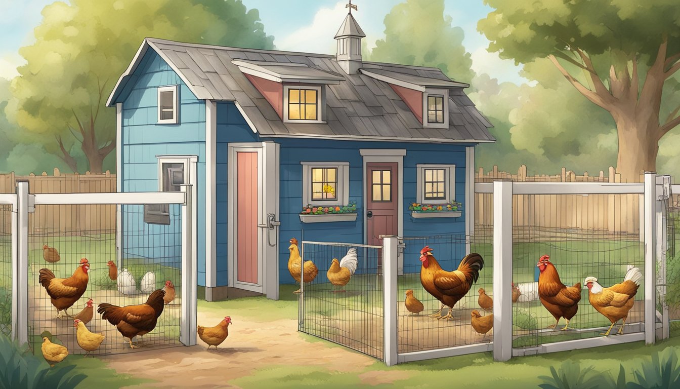 A colorful, sturdy coop with child-sized doors and windows, surrounded by a fenced-in yard. Children feeding and caring for the chickens, with a sign listing "7 tips for raising chickens with kids."