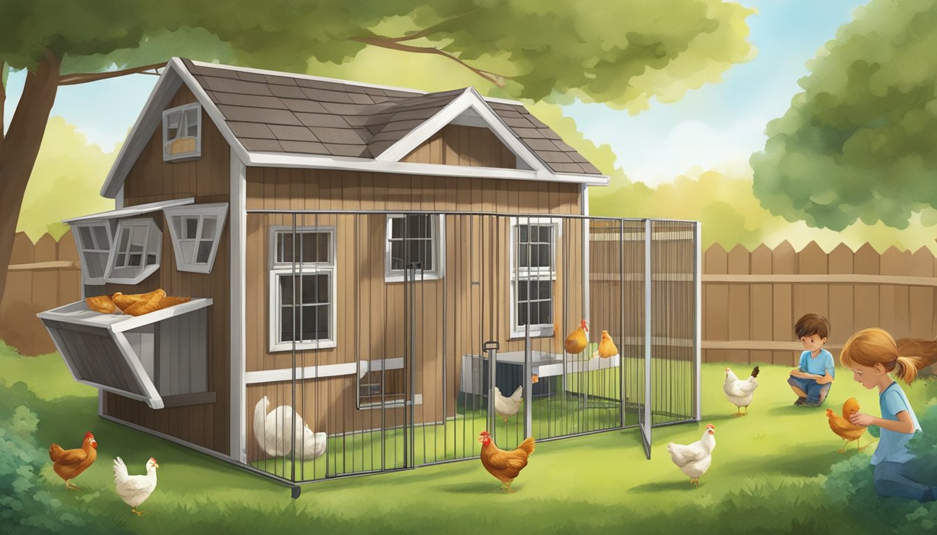 A child-friendly coop with sturdy, washable materials. Kids feeding and interacting with chickens in a safe, durable outdoor setting