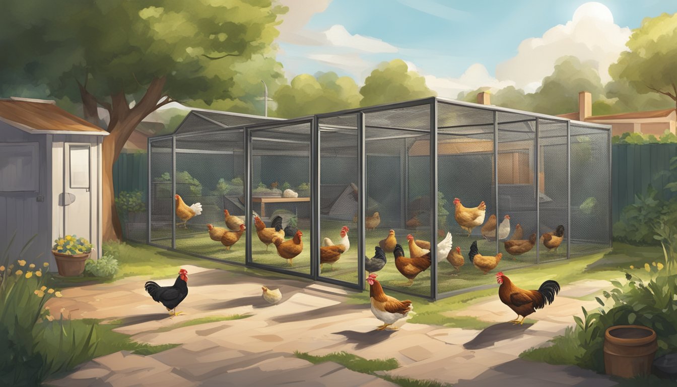 A backyard coop with multiple chickens roaming freely, surrounded by a spacious and well-organized urban environment