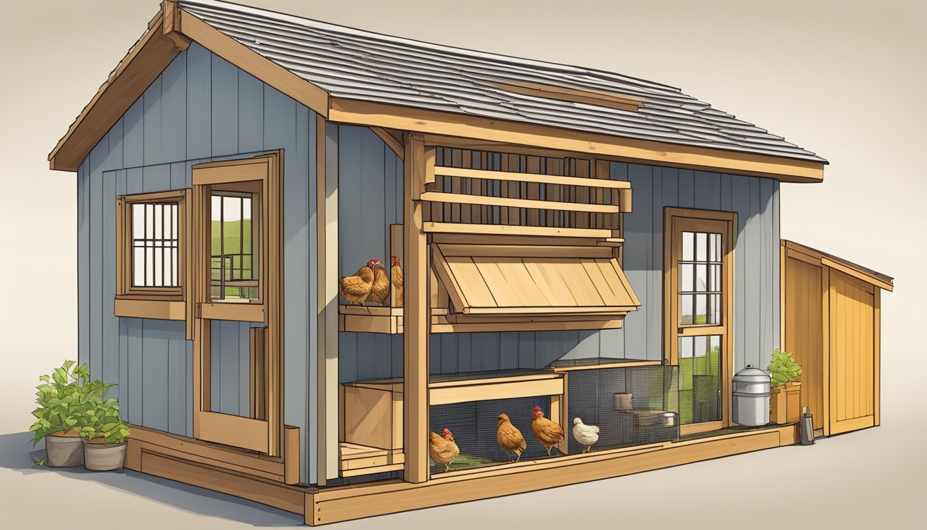 A small, well-organized chicken coop inside a tiny house, with multiple levels, nesting boxes, and a secure run attached