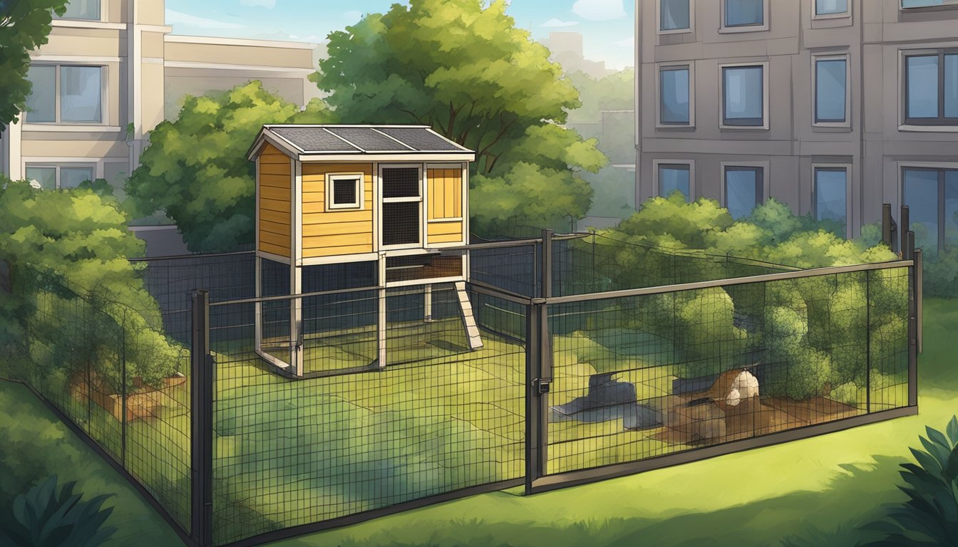 A backyard with a small chicken coop surrounded by tall, sturdy predator-proof fencing. The coop is nestled among urban buildings and greenery