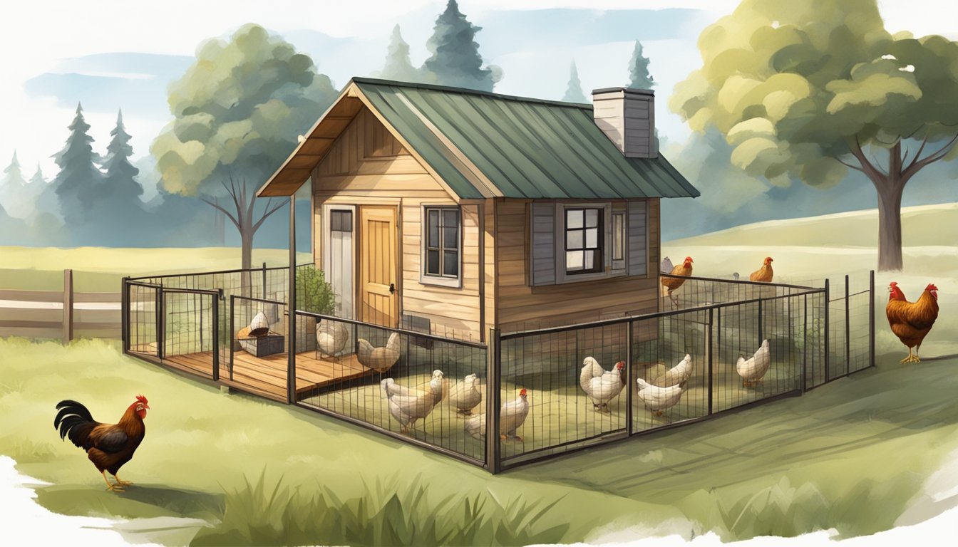 A cozy tiny house with a fenced outdoor area, housing a small flock of bantam chickens. The chickens roam freely, pecking at the ground and perching on low branches