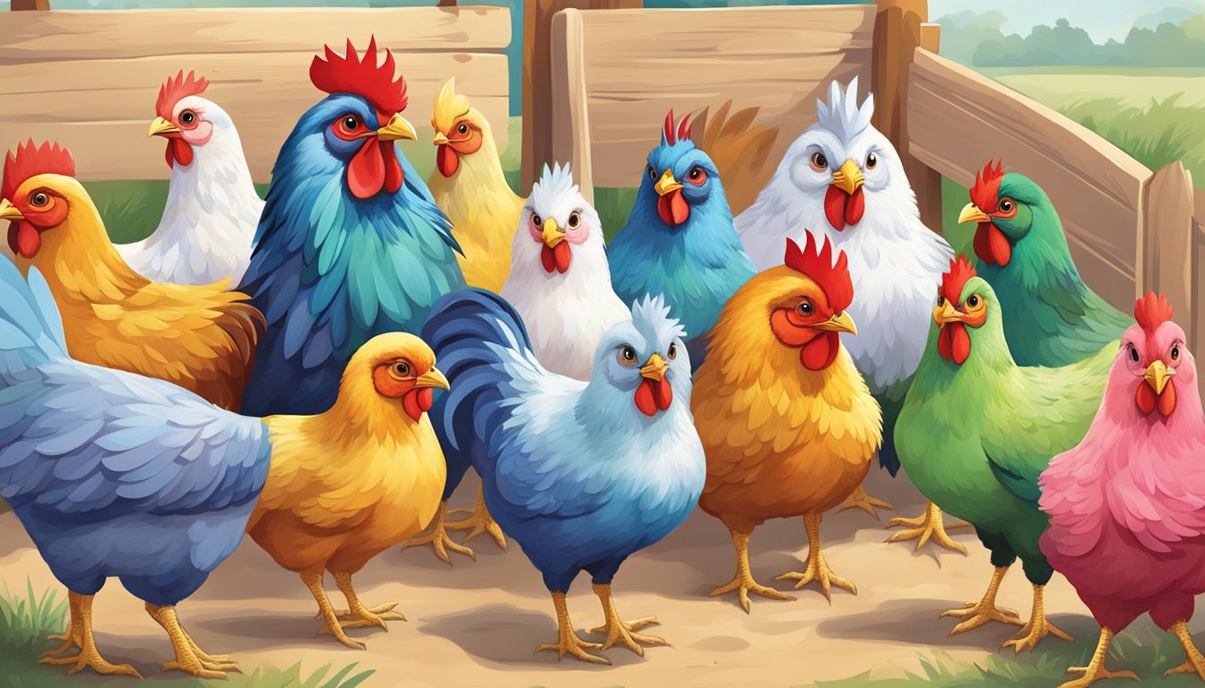 A group of colorful chickens gather around a sign with seven illustrated tips, while children happily name them