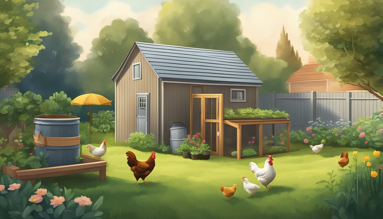 A small backyard with a coop, garden, and a few quiet chickens roaming freely. Nearby, a compost bin and a rain barrel for sustainable living