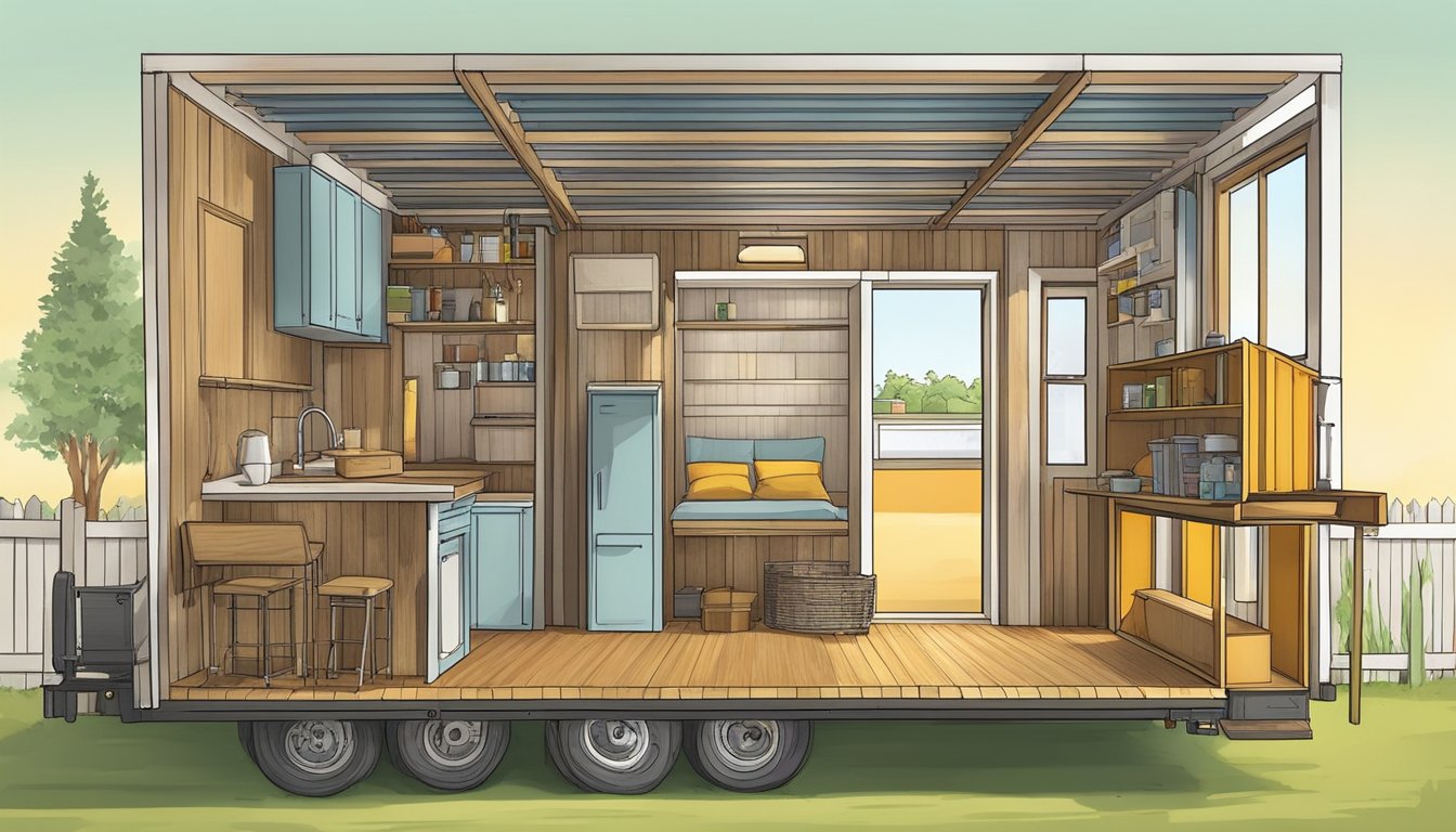 A tiny house interior with multi-purpose furniture, including a convertible coop and nesting boxes for raising chickens