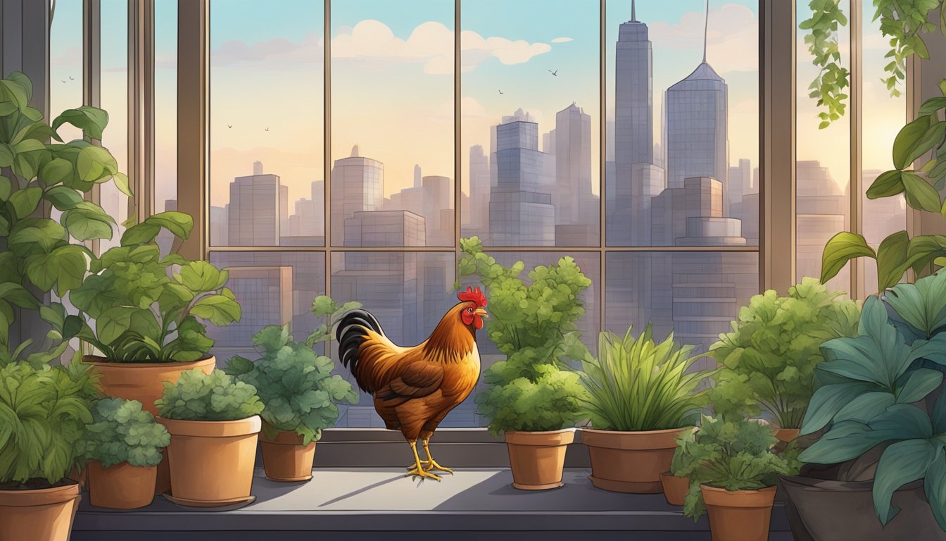 A cozy urban chicken coop with odor-neutralizing bedding, surrounded by potted plants and a city skyline in the background