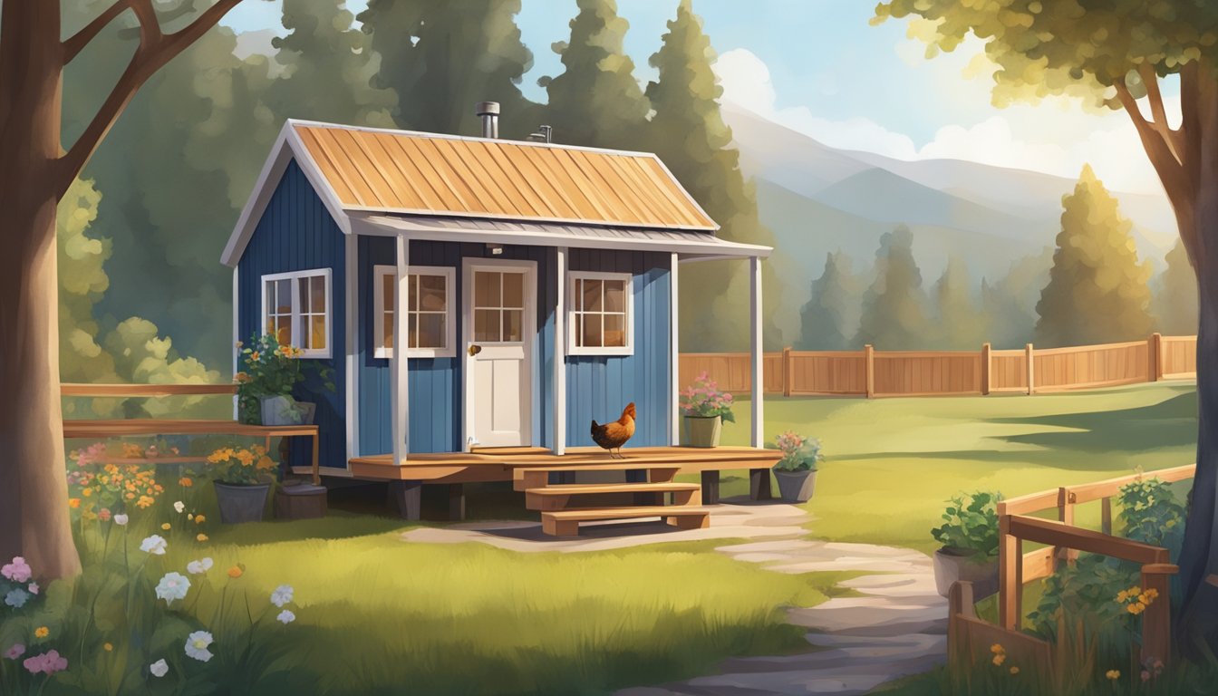 A cozy tiny house with a small fenced outdoor area. A few chickens roam freely, with a nesting box and feeding station inside