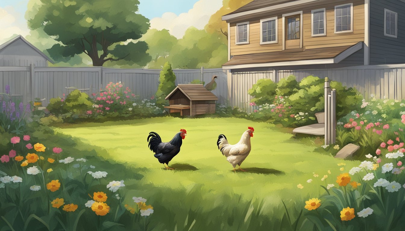 A small backyard with a coop and a fenced-in area. Chickens roam freely in the grass, while a person tends to the garden nearby