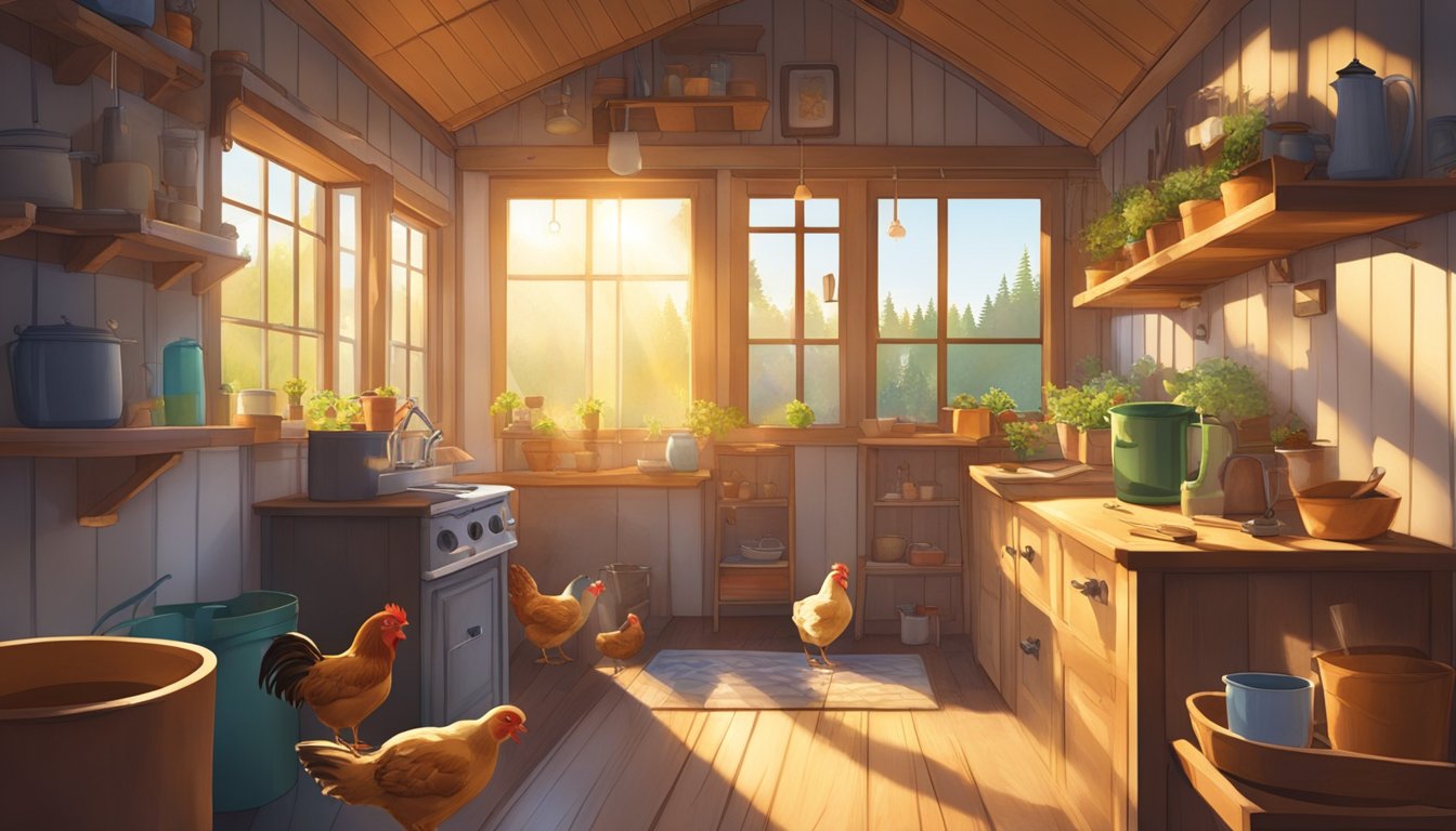 A cozy, cluttered tiny house interior with a small flock of chickens pecking at feeders and drinking from waterers. Sunlight streams through the window, casting warm shadows on the scene