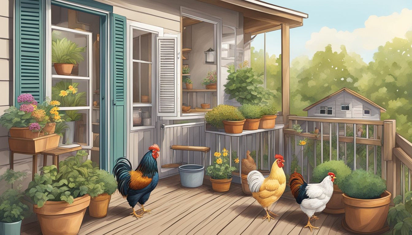 A cozy apartment balcony with a small chicken coop, potted plants, and a few bantam chicken breeds happily pecking around