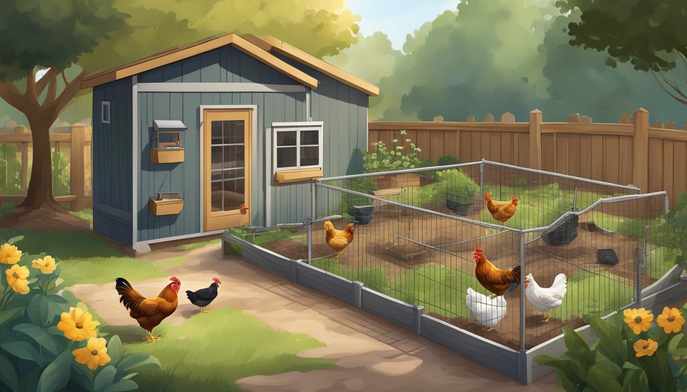 A small backyard with a sturdy coop, feeders, and waterers. A few chickens roam freely, pecking at the ground. The setting is cozy and well-maintained