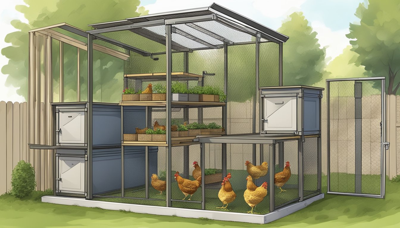 A small apartment with vertical chicken coops, nesting boxes, and feeding stations. A compact composting system and a small outdoor space with chicken wire fencing