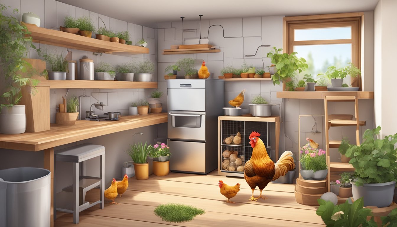 A small apartment with a cozy corner dedicated to raising chickens, complete with a small coop, nesting boxes, and a feeding area