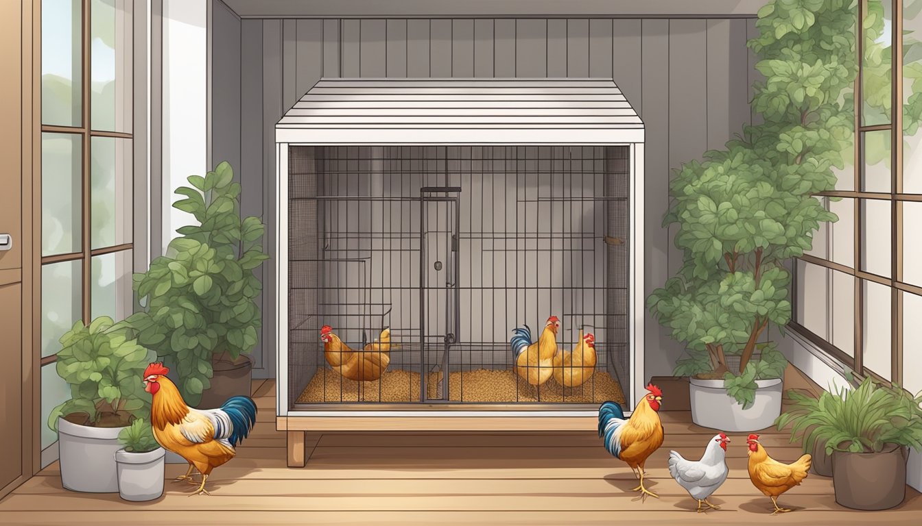 A cozy apartment with a small, well-ventilated area for chickens, equipped with odor control systems and nesting boxes