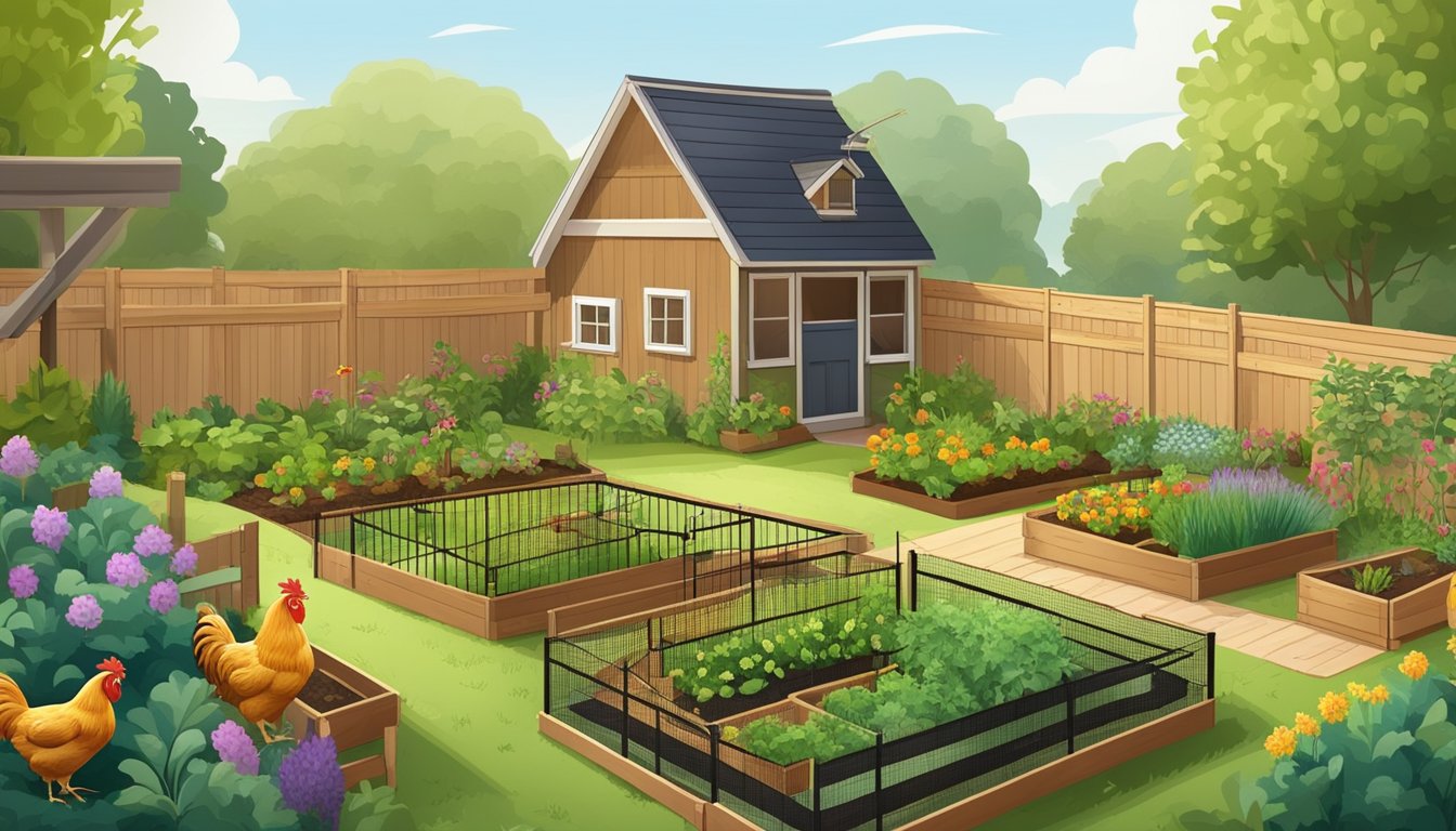 A small backyard with a chicken coop and fenced area. Surrounding garden beds with raised vegetables. A compost bin and insect traps placed strategically