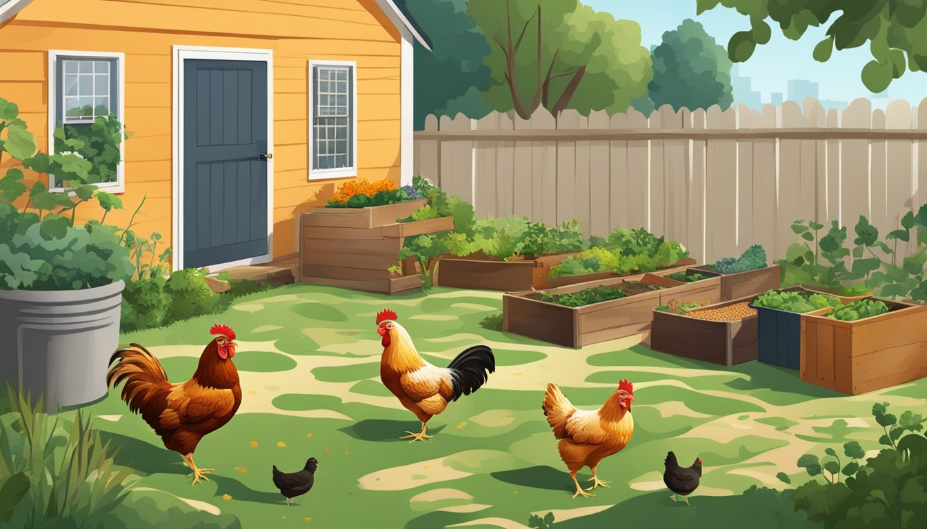 A small urban backyard with a chicken coop, garden, and compost bin. Chickens peck at a variety of vegetables and grains scattered on the ground