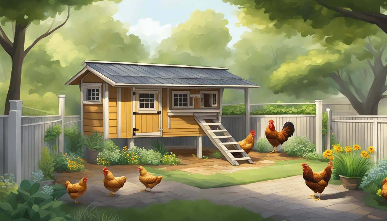 A small backyard with a well-maintained chicken coop, clean feeding and watering stations, ample space for scratching and pecking, and lush greenery for foraging