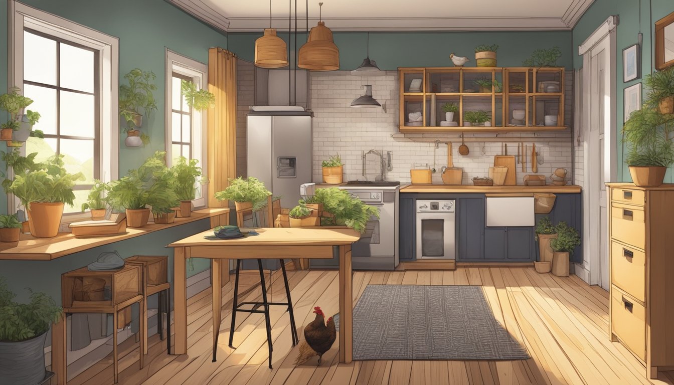 A small apartment with nesting boxes integrated into the decor. Chickens roam freely, with a cozy coop in the corner