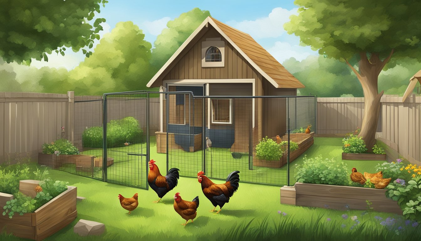 A backyard with a small coop, feeding and watering stations, and a lush green grassy area for chickens to roam freely